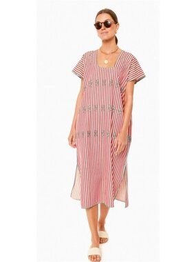 Tuckernuck Stripe Sullivan Embroidered Canvas Caftan Dress Red Size XS (2) NWT